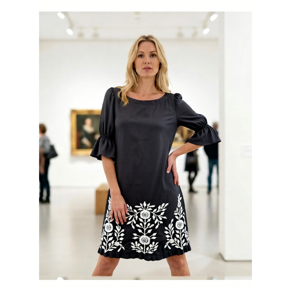 Bombay Paisley Boho Charcoal Dress with Embroidery L